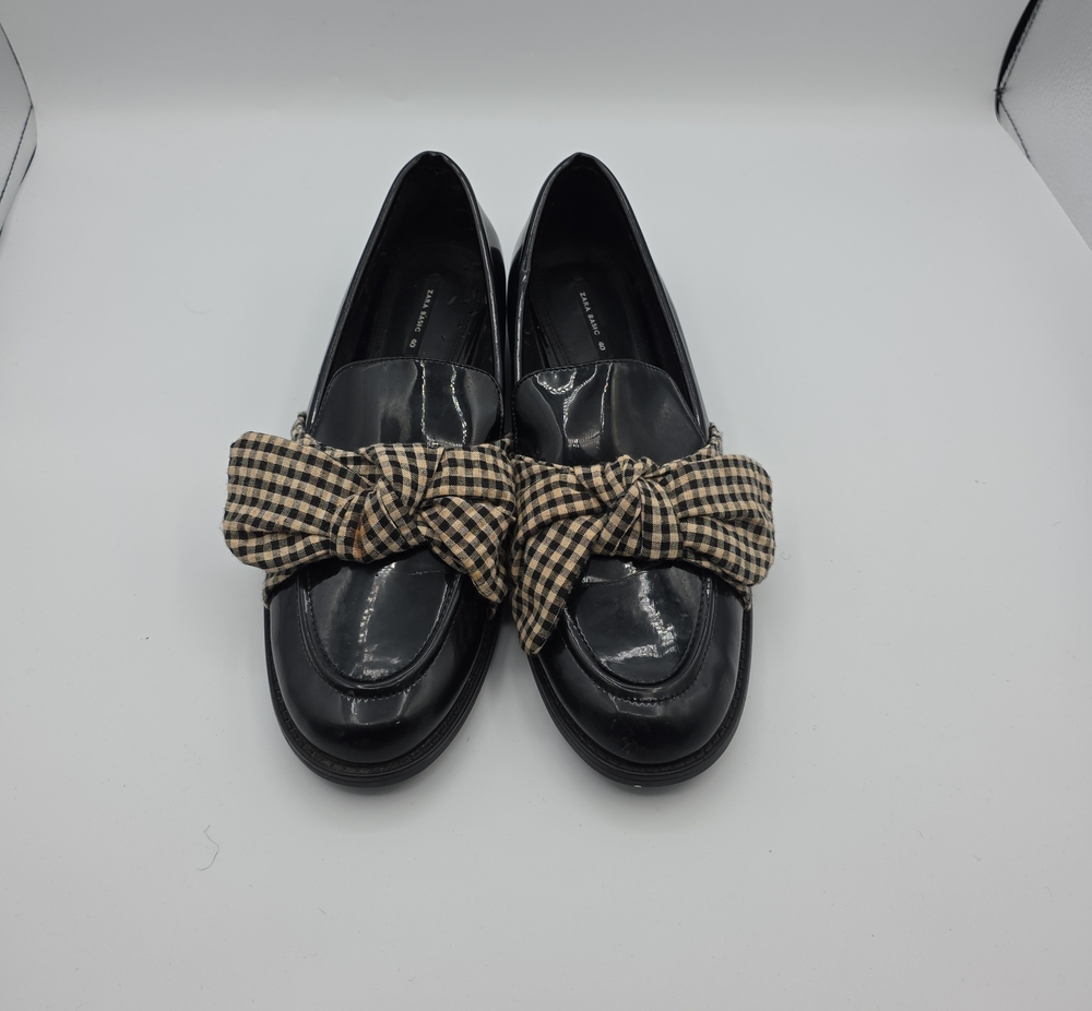 Zara Black Patent Loafers with Beige Check Bow